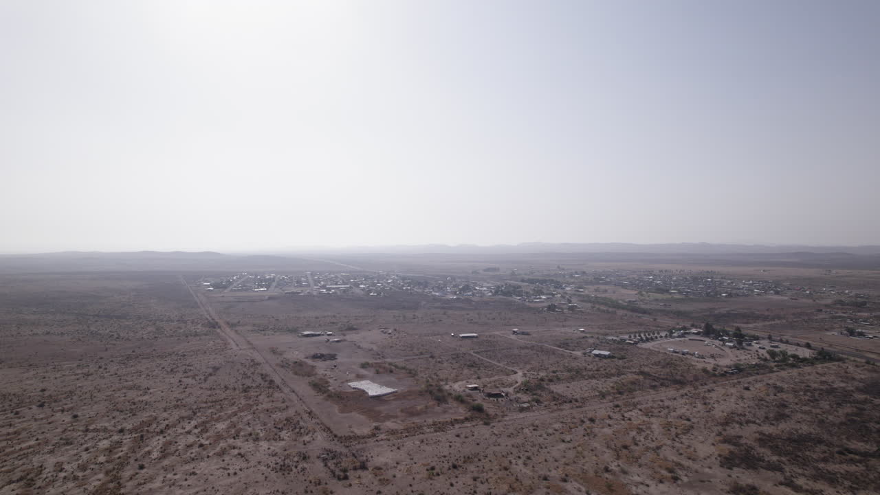 Distant High angle aerial view of Marathon, Texas and the surrounding desert landscape
