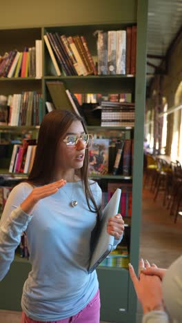 two women talking in a library cafe