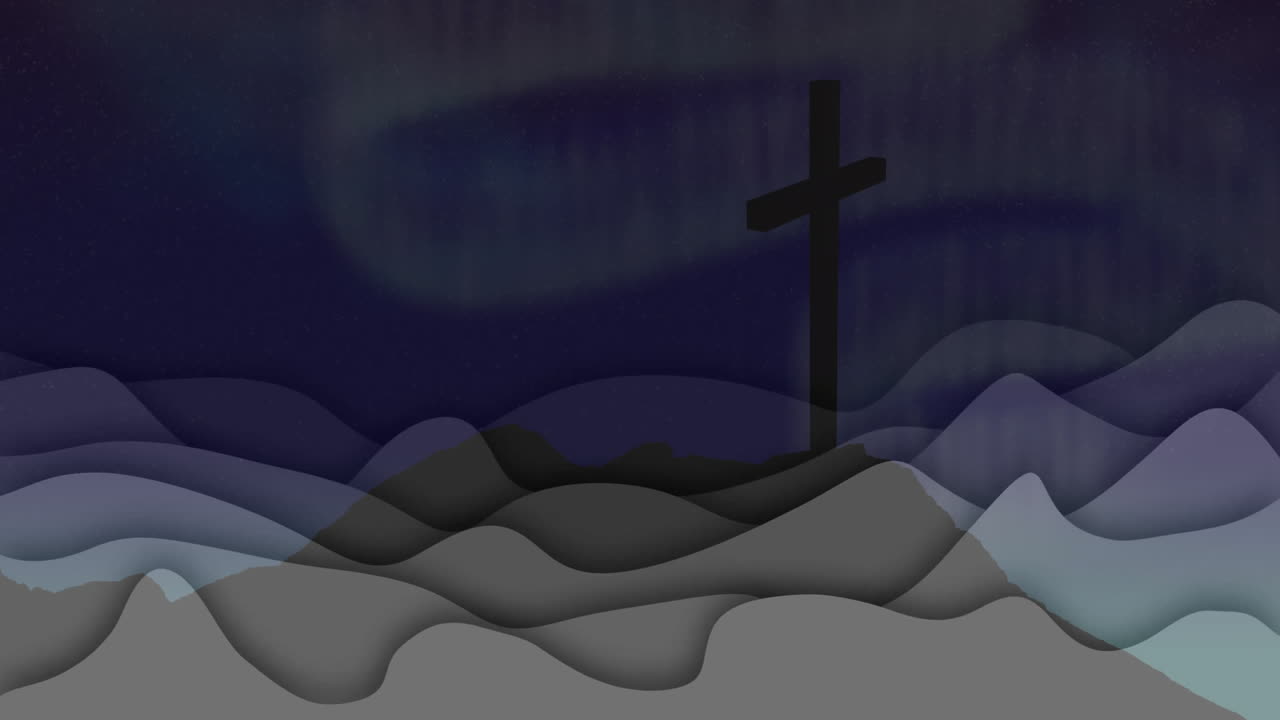 Silhouette of cross with abstract animation waves under dark sky on hill