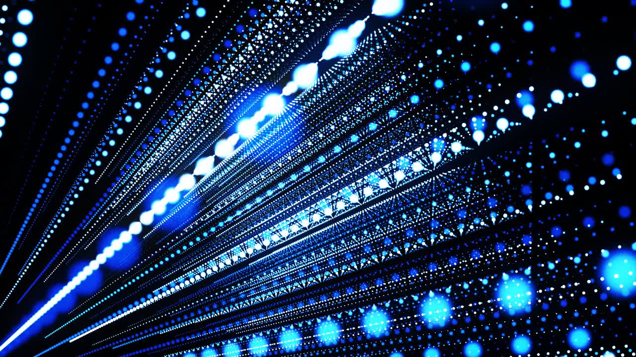 abstract 3d loop background with glowing particles lined up in rows in 3d space. Festive vj loop with blue particles and smooth animated camera. Motion design background
