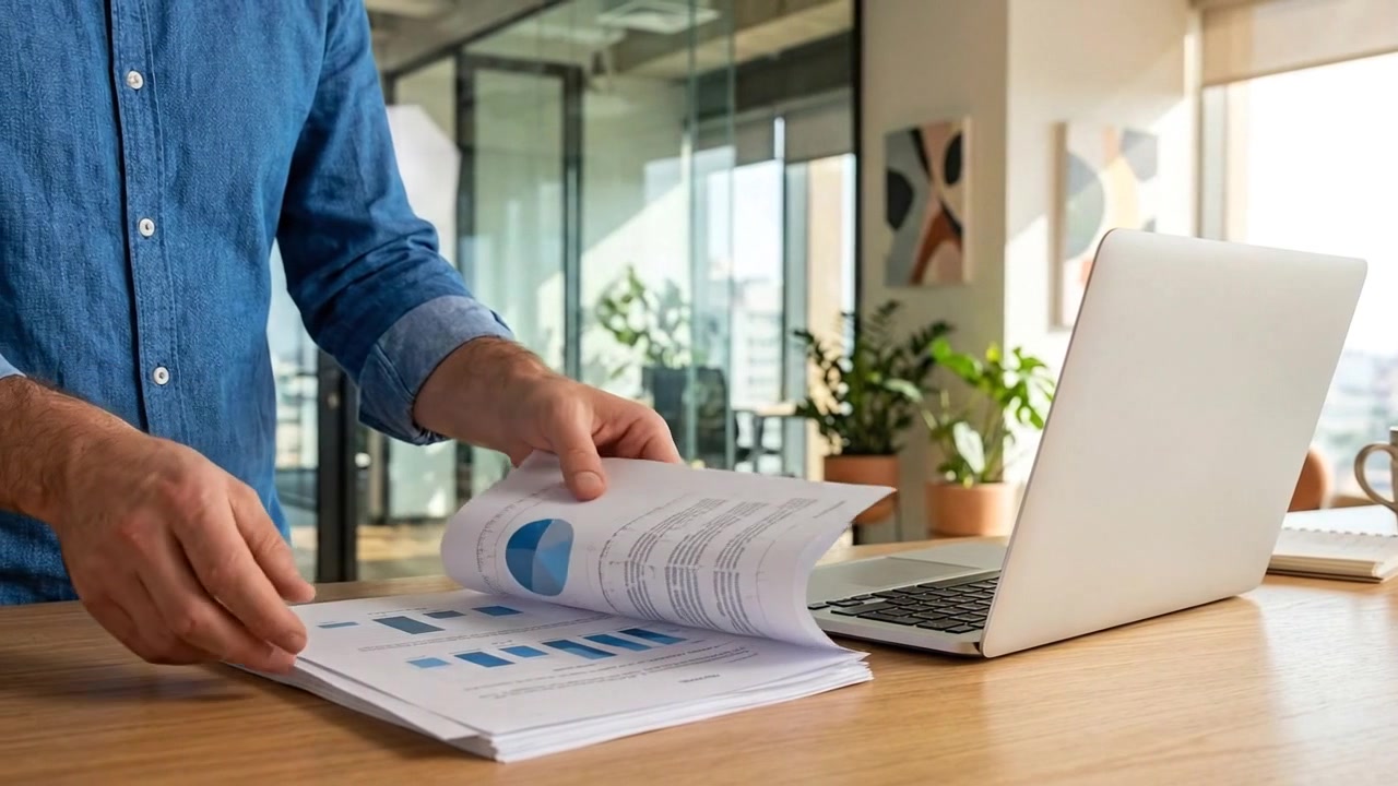 Un uomo d'affari che esamina i rapporti finanziari in un ufficio moderno