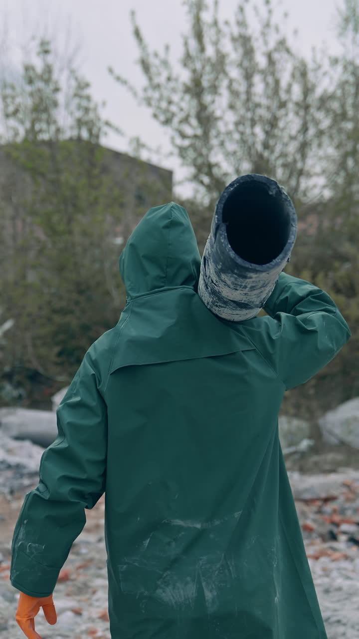 Survivor after nuclear chemical war. Man in safety clothes carrying pipe in abandoned polluted place on ruined buildings background. Vertical video