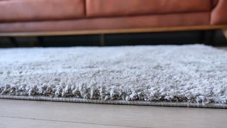 close up of a grey shag carpet in a living room