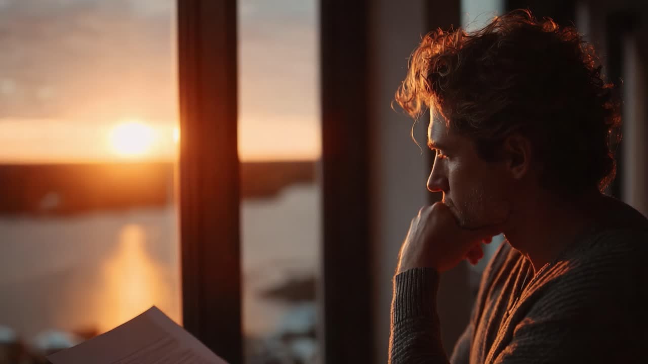 Contemplative Evening Views: A Man Reflecting by the Window as the Last Light of Sunset Illuminates His Pensive Expression in a Mood of Deep Thought and Inspiration