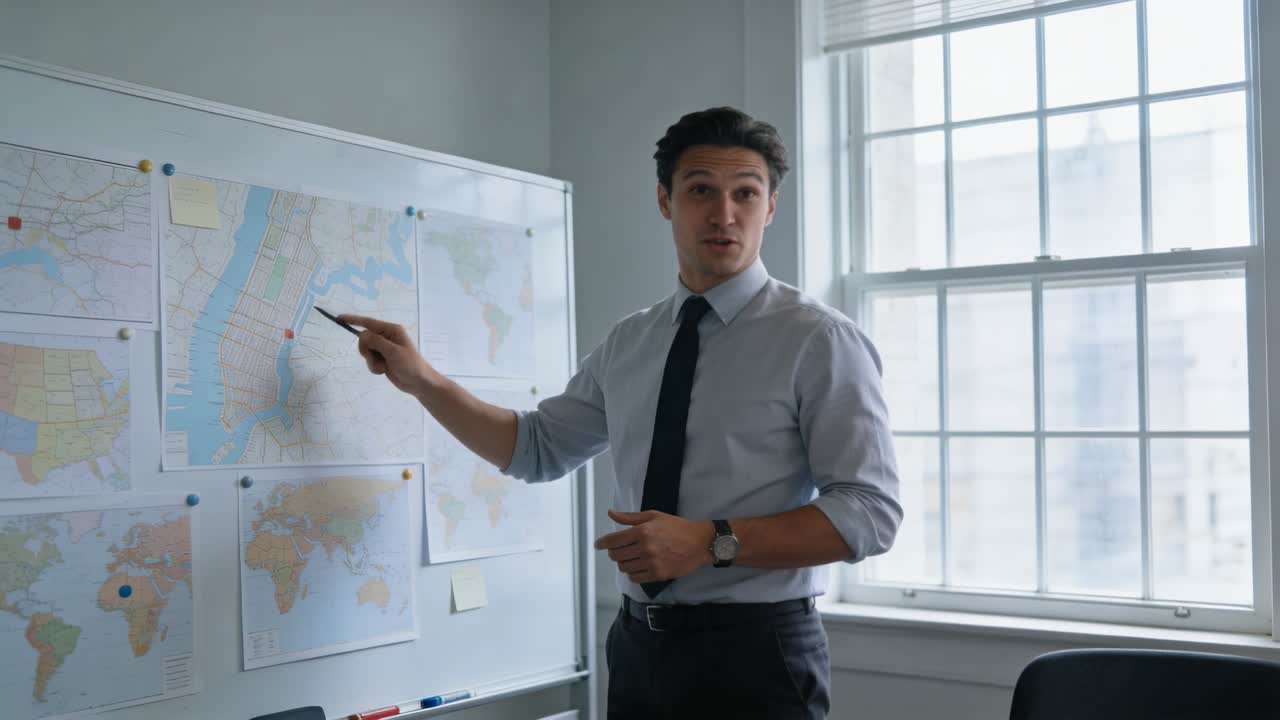 Un presentatore che indica, delineando una mappa in una stanza dopo una domanda, con camicia chiara e cravatta scura, con mappe appuntate.