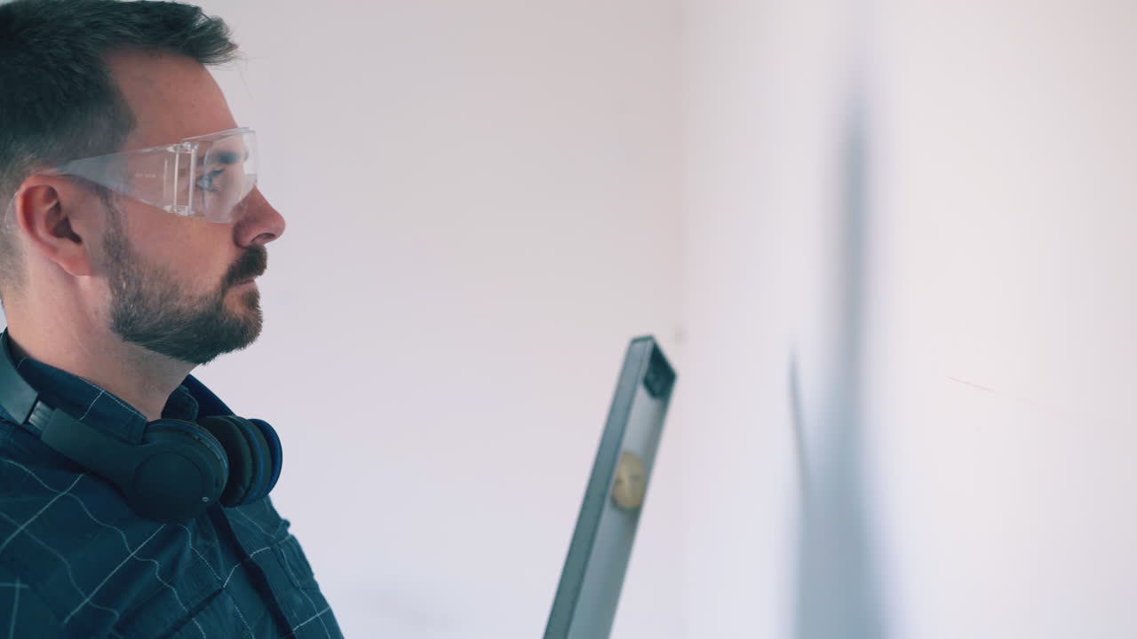 hombre molesto en camisa azul revisa la pared con nivel en la habitación cerca