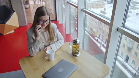 lady wearing light suit having tea in office. businesswoman speaking on the phone during her lunch break. high angle view.