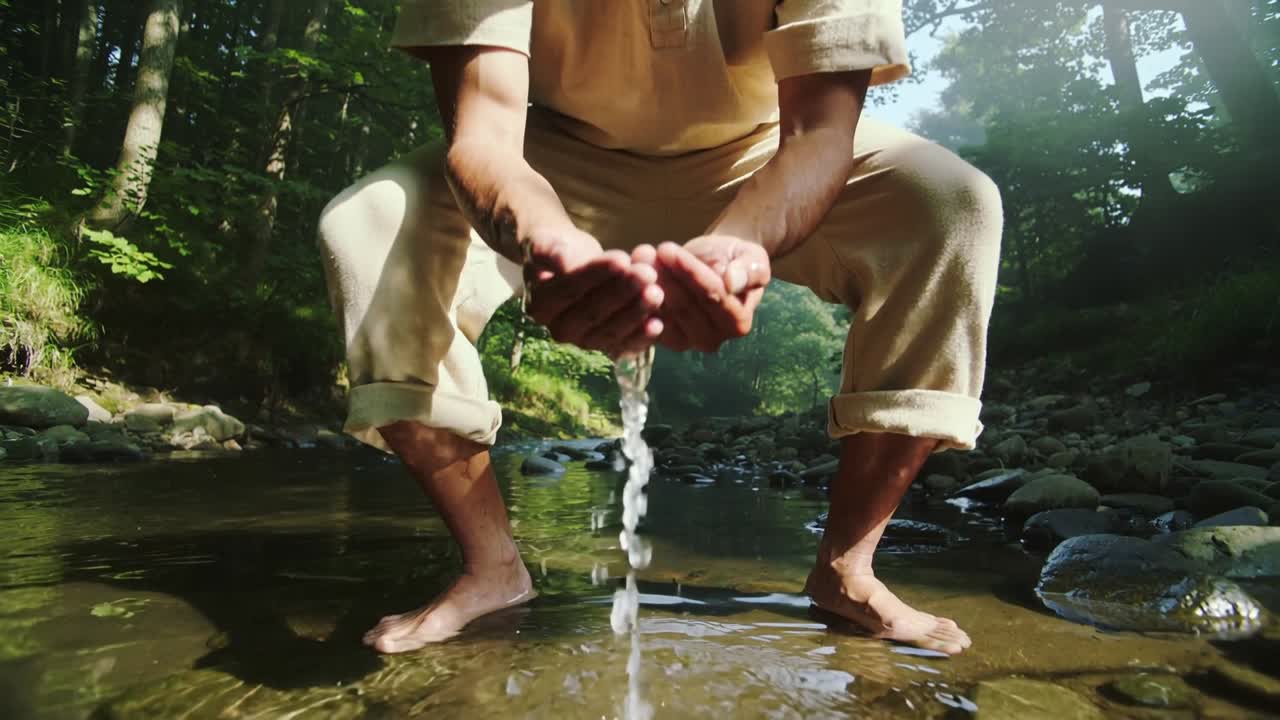 Voorover buigend schept een man met holle handen water uit een beek, draagt een opgerolde broek en koelt zijn voeten.