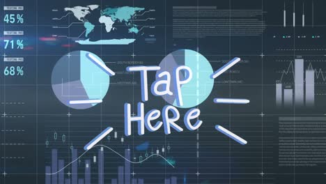 Animation-of-tap-here-text-and-data-processing-on-black-background
