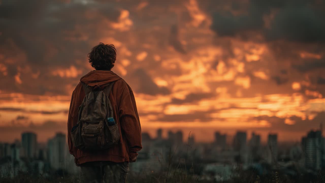 A Person Silhouetted Against a Dramatic Sunset Over a City Skyline, Capturing the Essence of Reflection and Nature's Beauty in Urban Landscapes