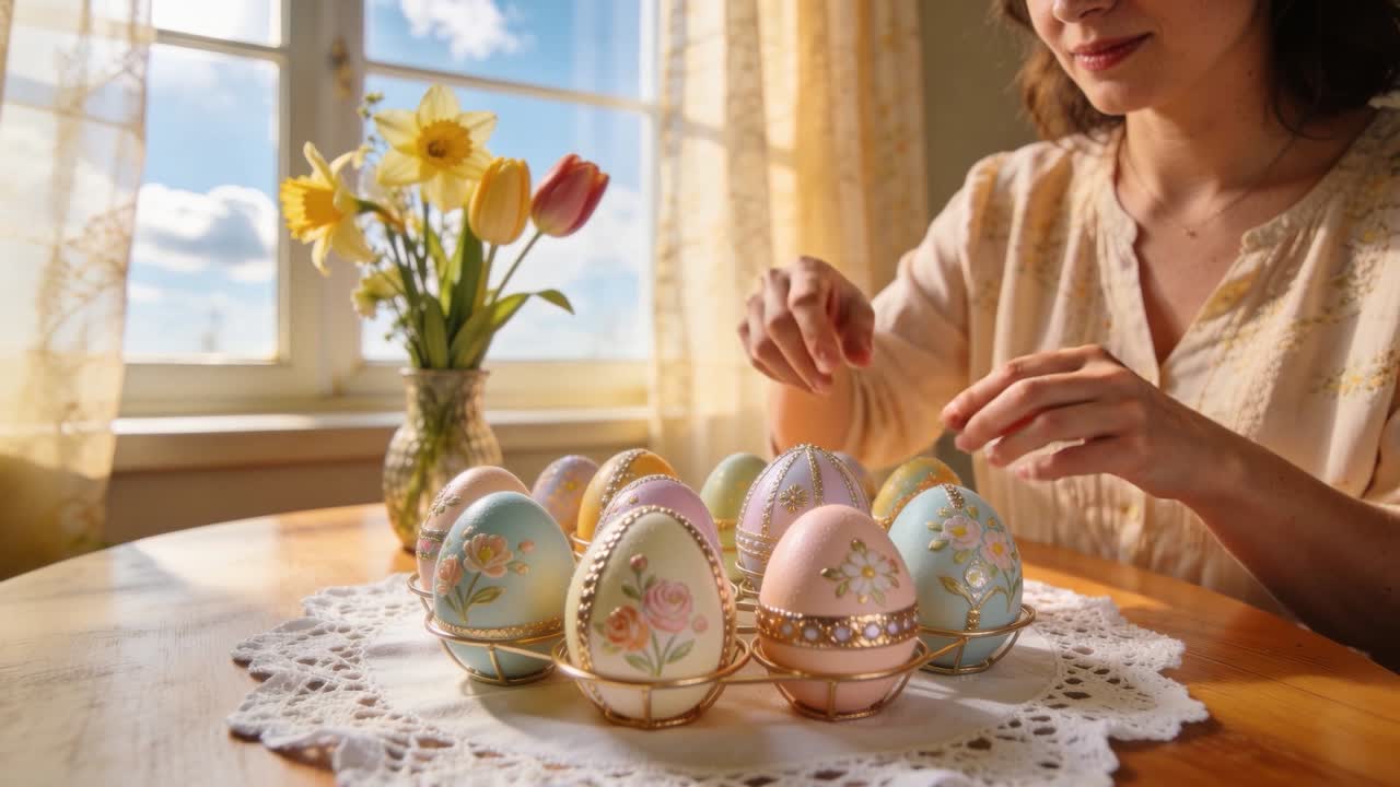 Picking up egg, woman in pale-blouse adjusting pastel eggs on gold holder at window orienting faces