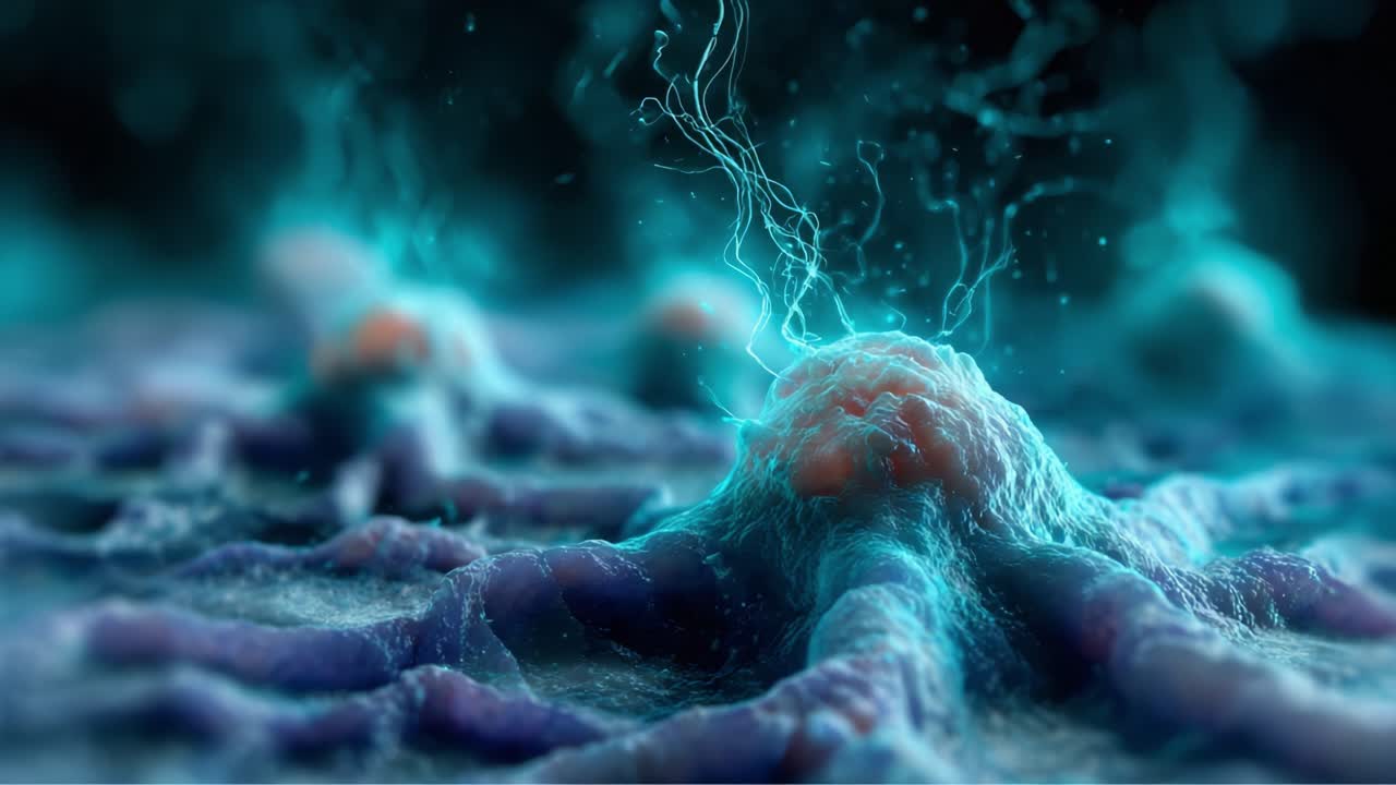 A Close-Up View of a Vibrant Microbial Colony with Electric Tendrils, Showcasing the Intricate Structure and Dynamic Interactions Within Microorganisms