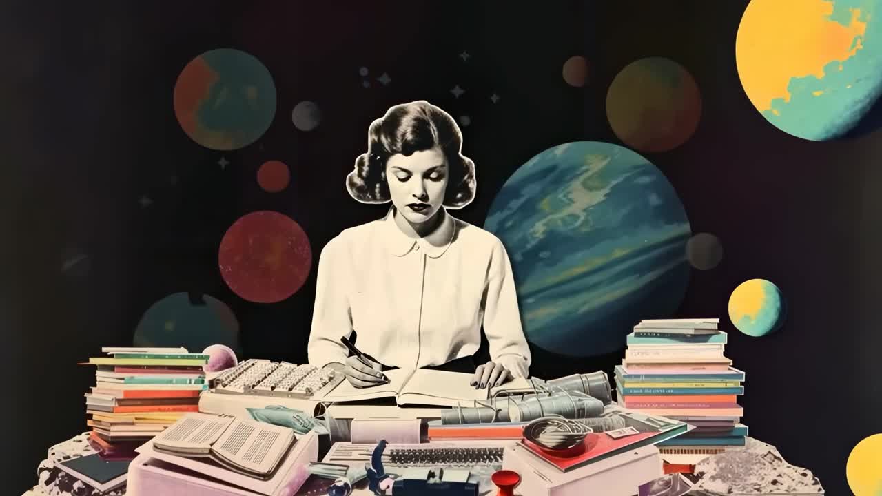 Vintage collage of a woman writing at a desk with planets in the background