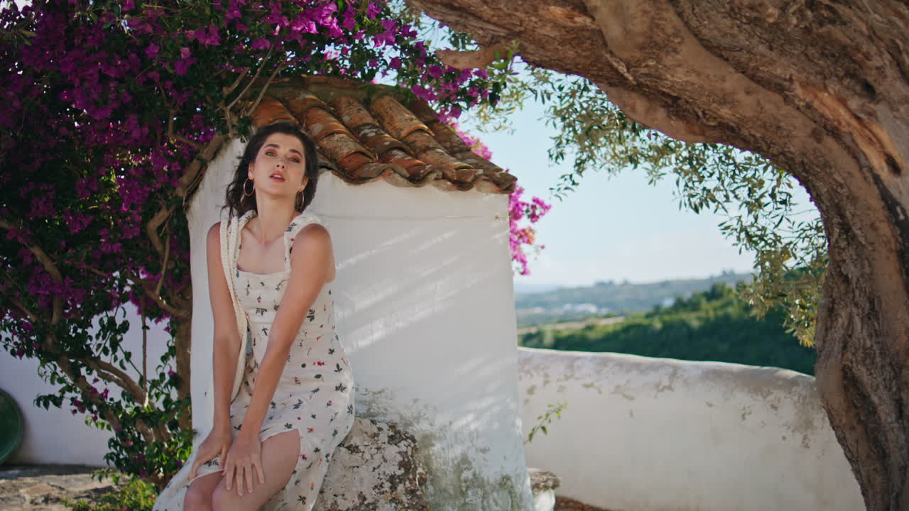 감각적인 갈색은 여름 마을에서 휴식을 취하고 돌 위에 포즈를 취하고 있습니다. 만적 인 여자가 휴식을 취합니다.