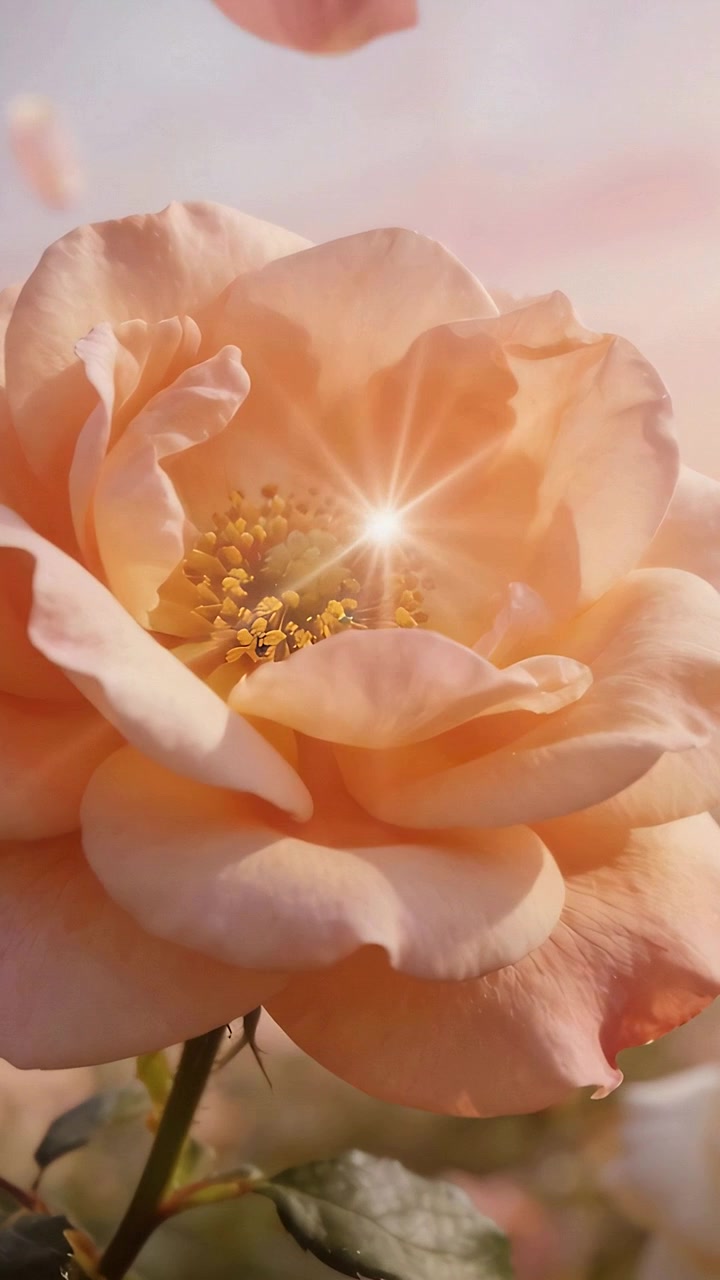 Video verticale: Rosa color pesca in fiore scintillante che cattura il sole in giardino, perdendo i petali.