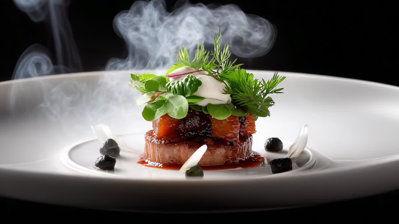 Artful Culinary Creation: A Visually Stunning Dish Featuring Aromatic Herbs, Vibrant Veggies, and Exquisite Presentation, Captured in a Moment of Gastronomic Delight