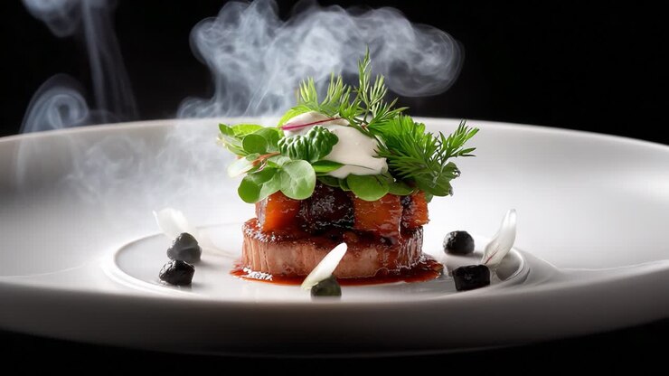 Création culinaire artistique : un plat visuellement époustouflant mettant en vedette des herbes aromatiques, des légumes éclatants et une présentation exquise, capturé dans un moment de délice gastronomique