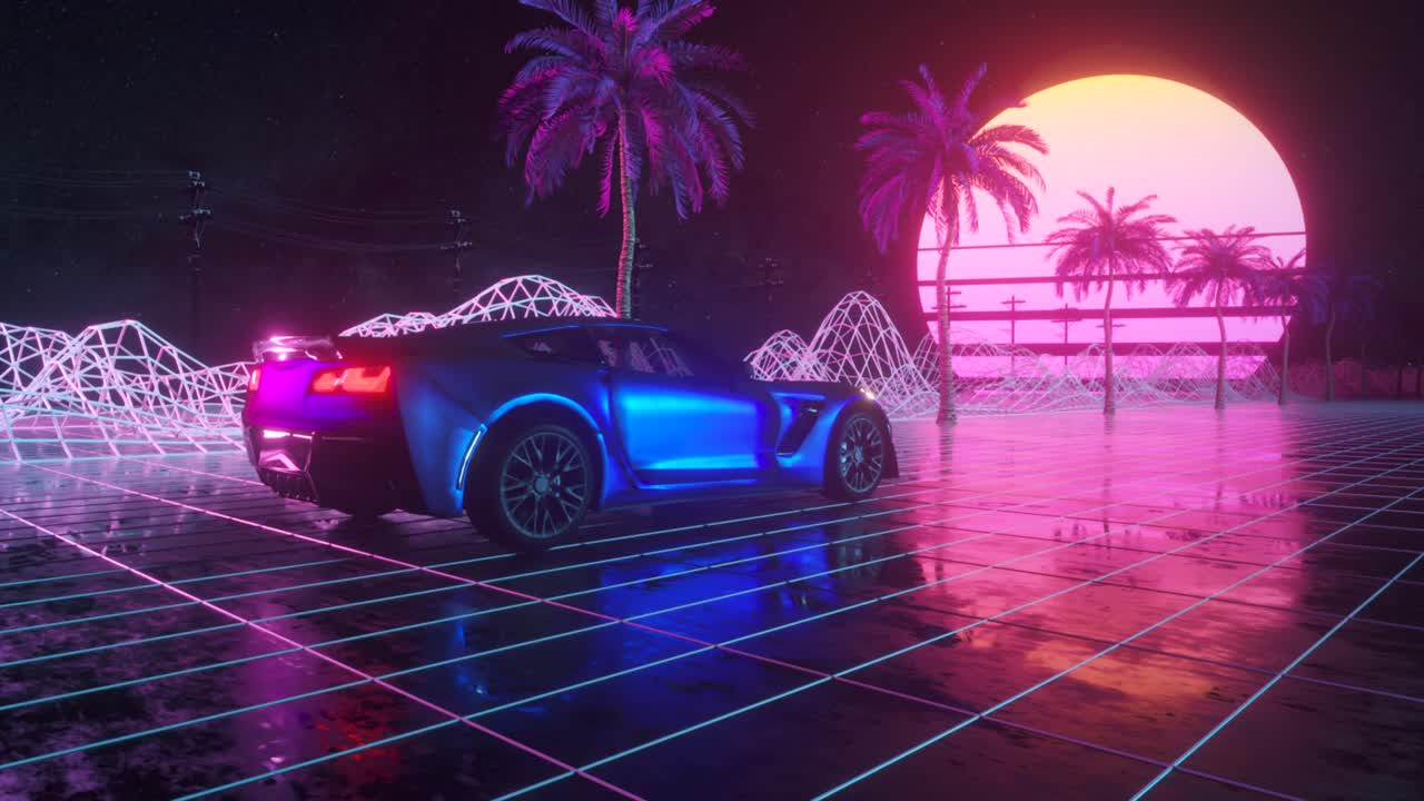 네온 그리드 풍경에서 레트로 미래의 스포츠카