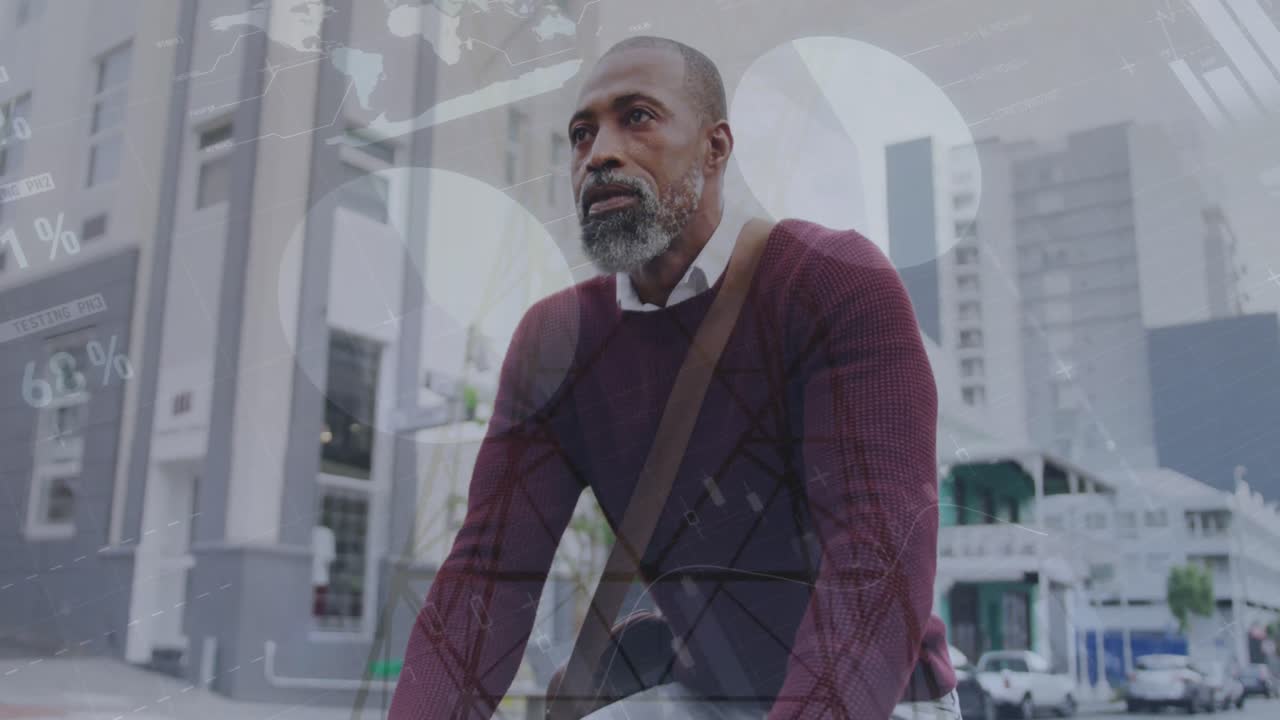 Animation of infographic interface, transmission tower against african american man riding bicycle