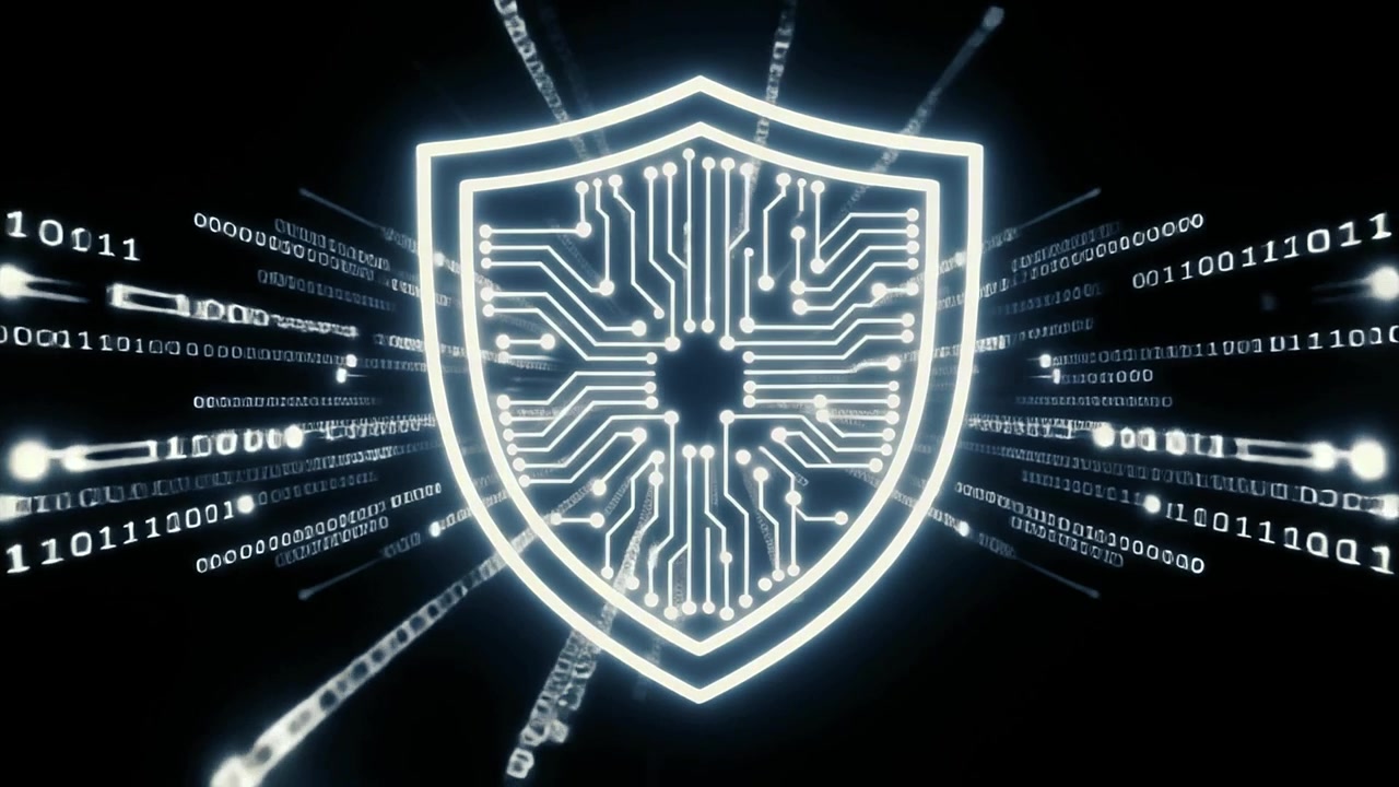 Digital Shield with Circuit Board and Flowing Binary Data