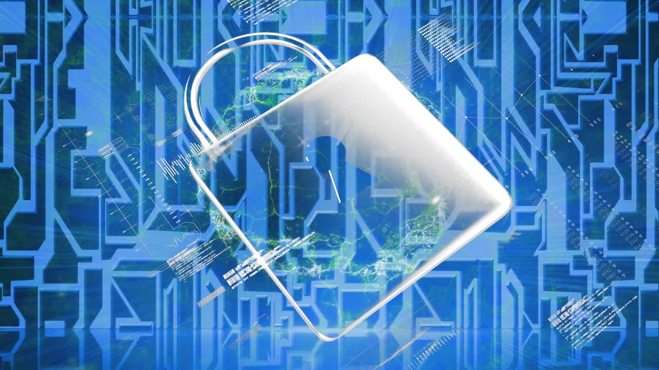 Animation of padlock with data processing over blue shapes on black background