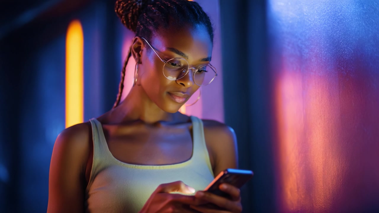 A Young Woman Engrossed in Her Mobile Device Surrounded by Vibrant Neon Lighting in a Modern Urban Setting, Capturing a Moment of Digital Connection