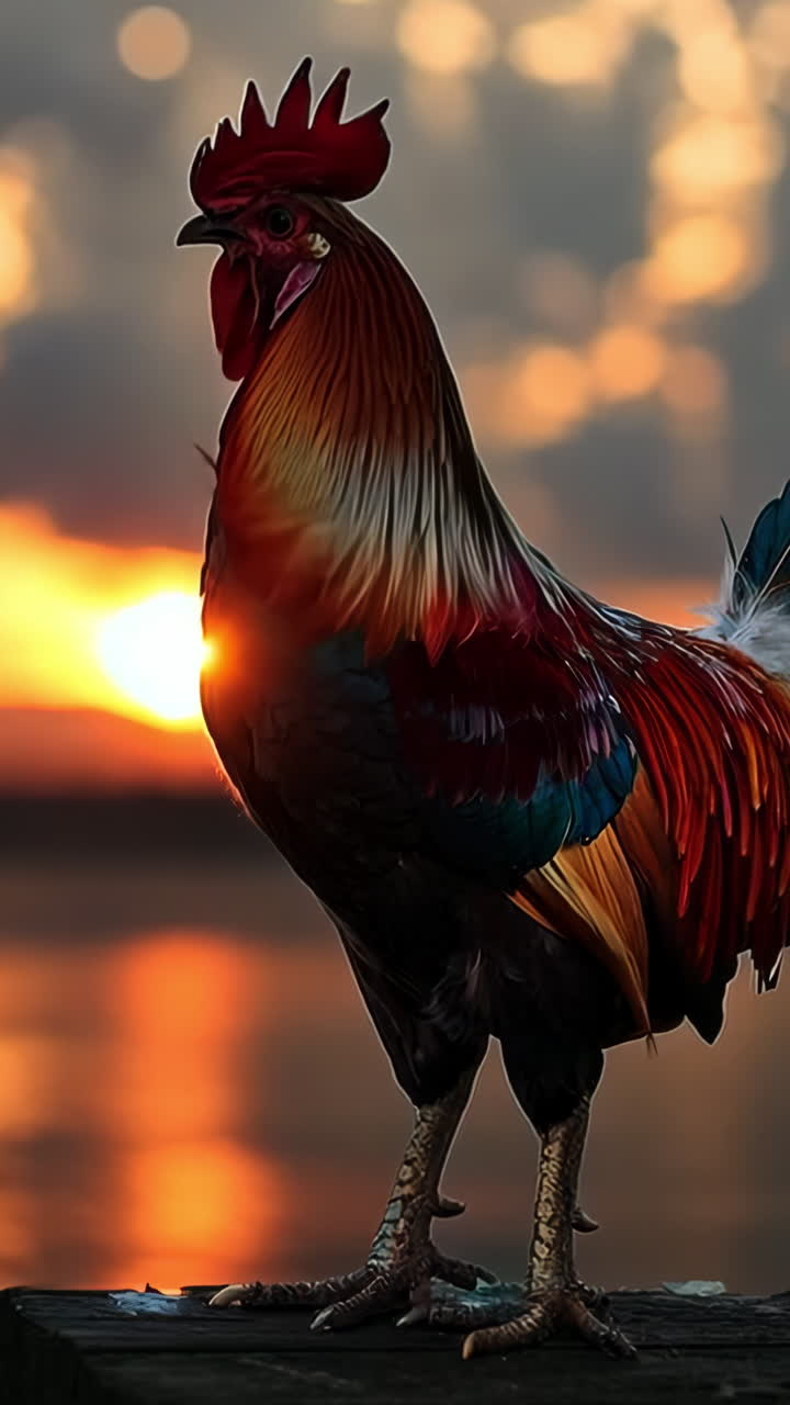 A rooster stands on a wooden post by a body of water. The rooster is red and black, and it is facing the camera. The scene has a peaceful and serene mood, with the rooster standing alone