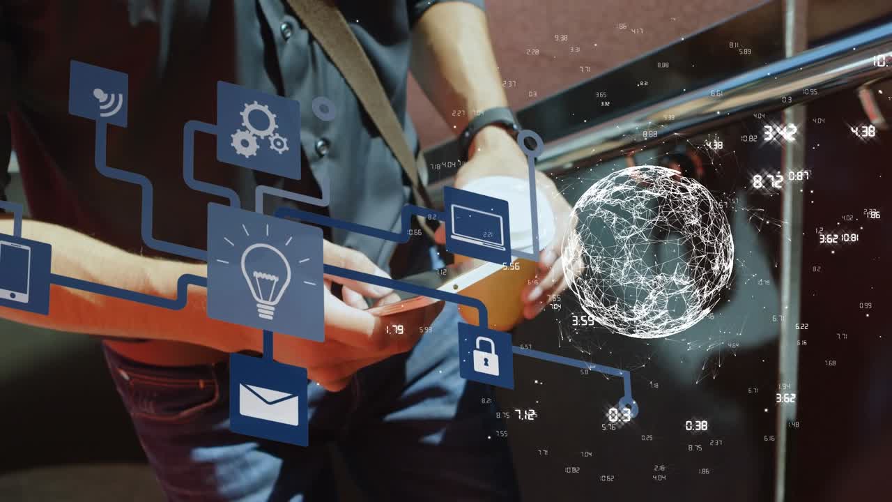 Animation of globeand data processing over men using smartphone