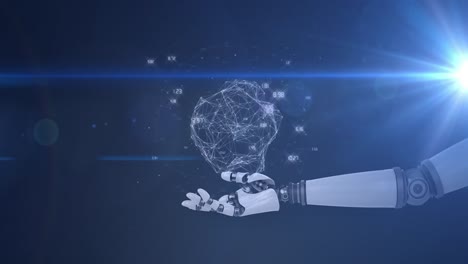 animación de la red de conexiones que procesan datos sobre la mano del brazo del robot sobre un fondo oscuro