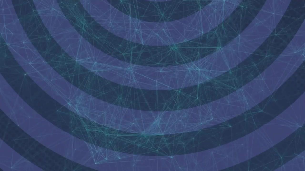 Digital network visualization flowing across frame, featuring concentric arcs with teal mesh lines