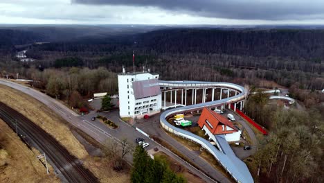 Sigulda-Bobsleigh-and-Luge-Track-in-aerial-view-on-an-overcast-day-in-Latvia