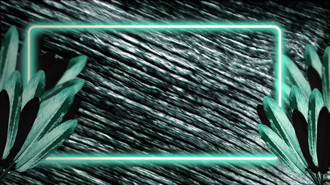 Animation of leaves, neon frame over green texture and copy space on black background