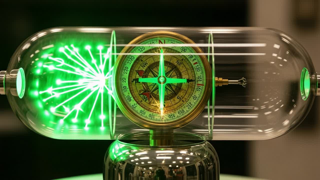 A Stunning Modern Compass Wrapped in Glass: A Fascinating Display of Navigation Technology and Light Effects Captured in Two Distinct Frames