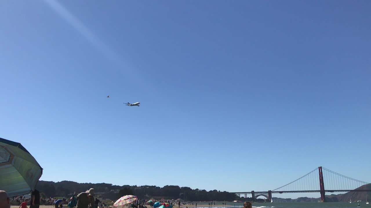 Plane performs low pass over beach