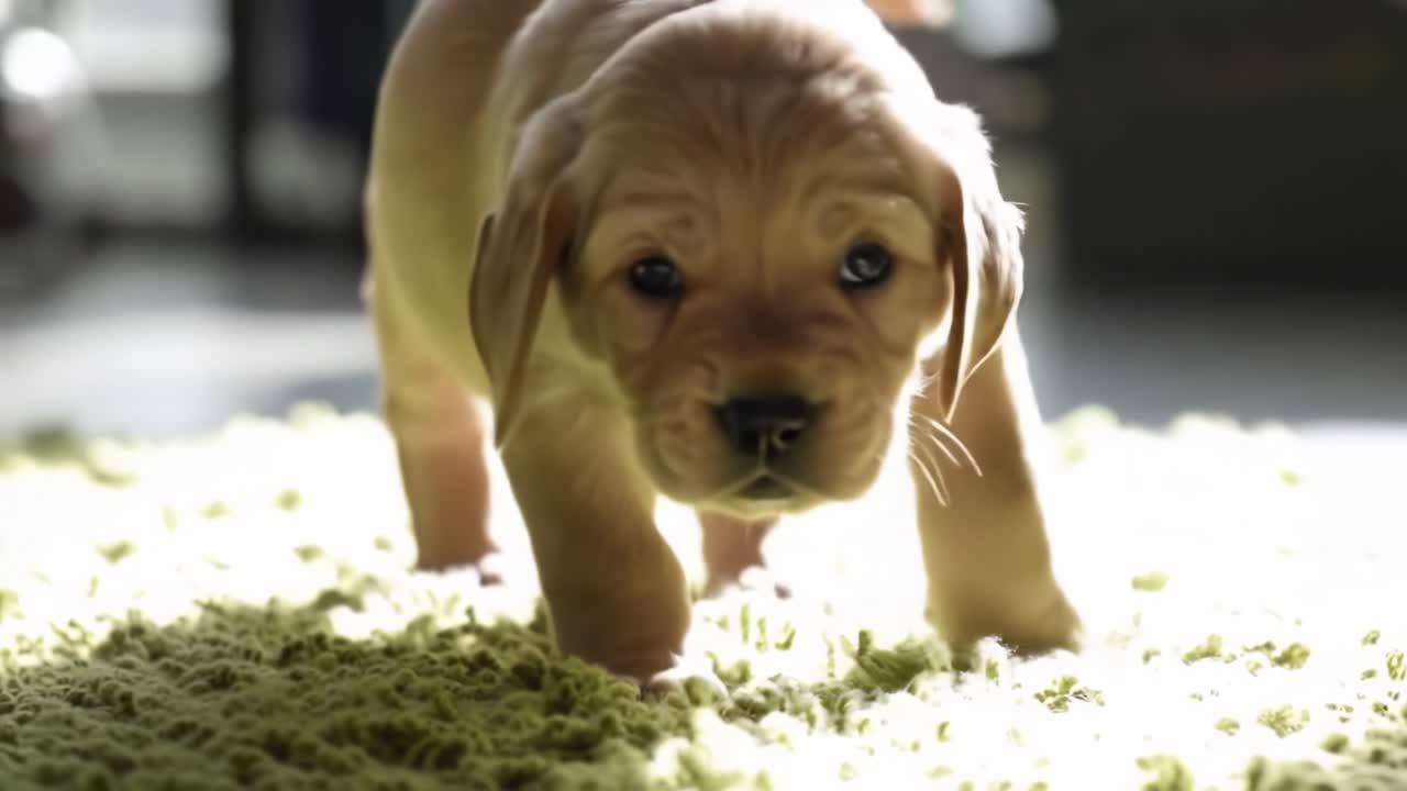 Adorable Puppy Strolling: A Heartwarming Journey of Curiosity and Playfulness as a Young Labrador Explores Its Environment on a Cozy Rug