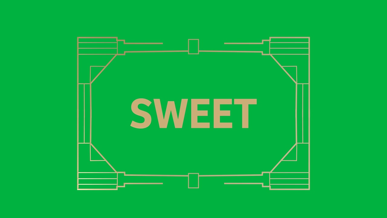 Animation of gold text sweet, in decorative gold frame, on black background