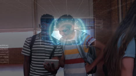 Animation of information, globe and data processing over diverse school children using tablets