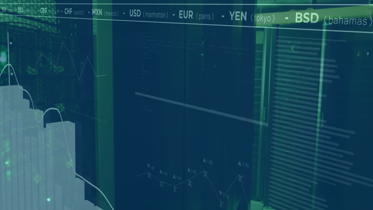 Animation of financial data processing over server room