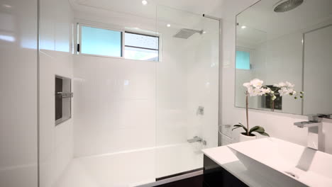 push in to crisp black and white contemporary modern bathroom with large mirror, shower tub, and wash basin