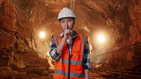 asian male engineer with safety helmet making shh gesture while standing in underground mine tunnel