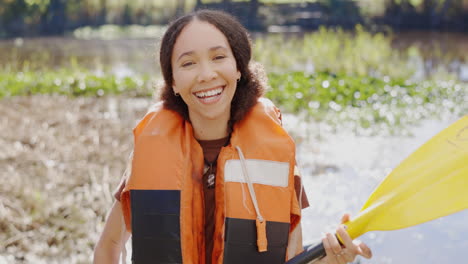 Kayak,-happy-and-woman-by-lake-for-rowing