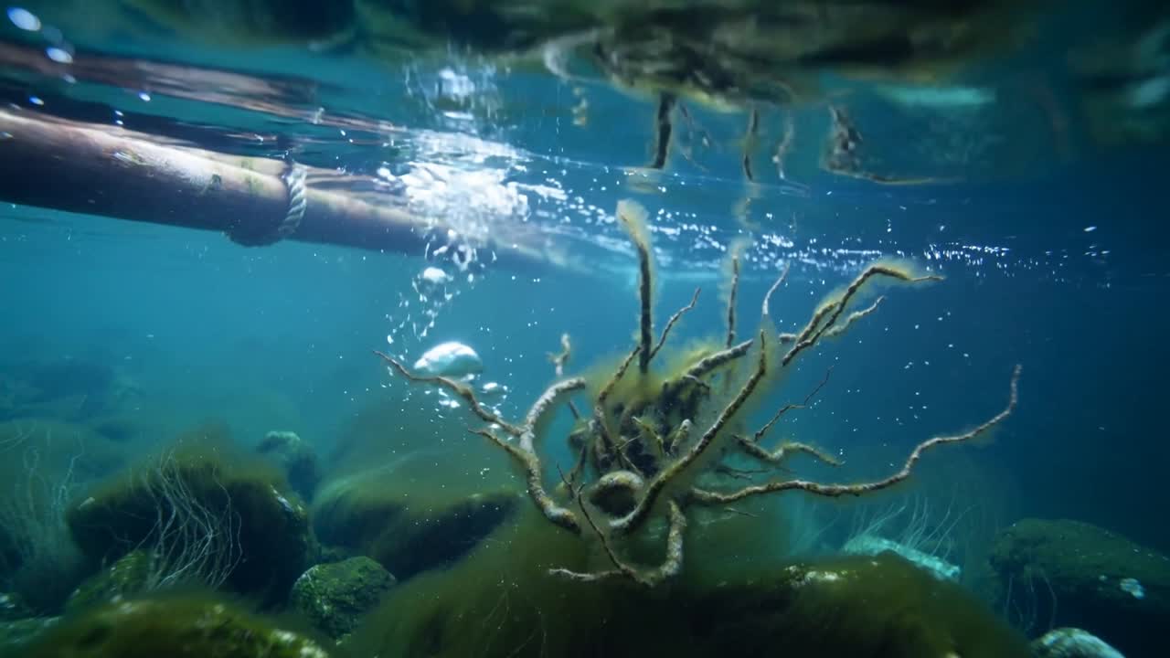 Blasen aufsteigend, ein nackter Unterarm bedient einen Schlauch im Küstenmeerwasser, ein Seestern winkt mit flexiblen Armen.