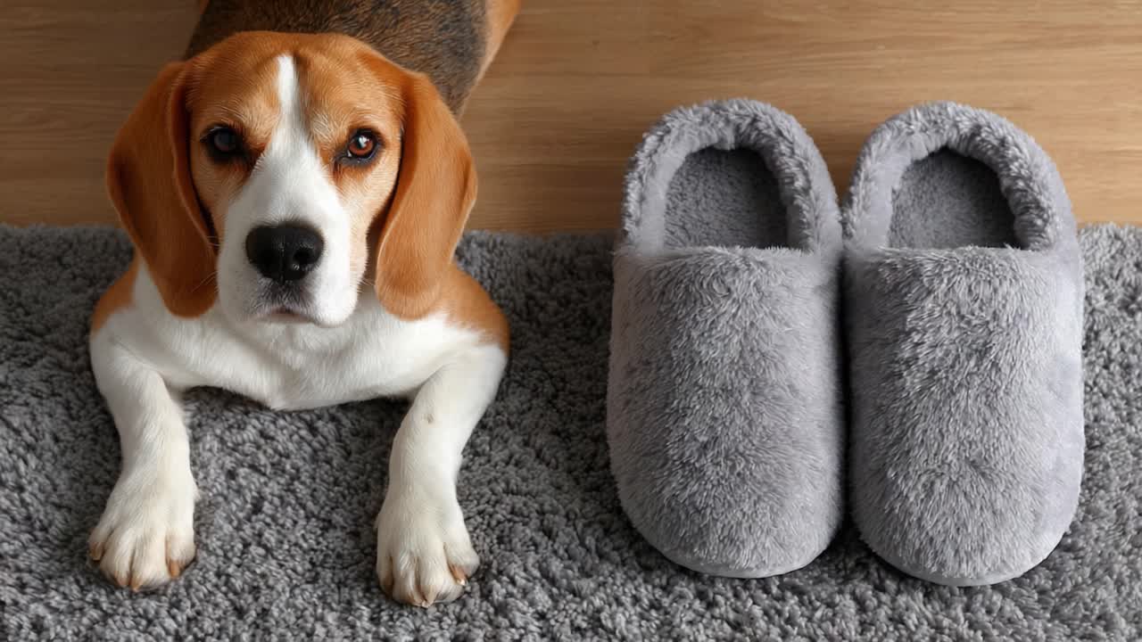 A Curious Beagle Watches Over Cozy Slippers on a Plush Rug, Capturing Warmth and Comfort in a Home Setting, Perfect for Animal and Lifestyle Enthusiasts