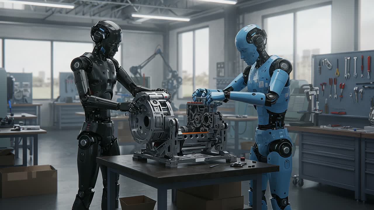 In a modern workshop, two humanoid robots collaborate on assembling a complex machine, showcasing advanced robotics technology and engineering skills in a futuristic setting