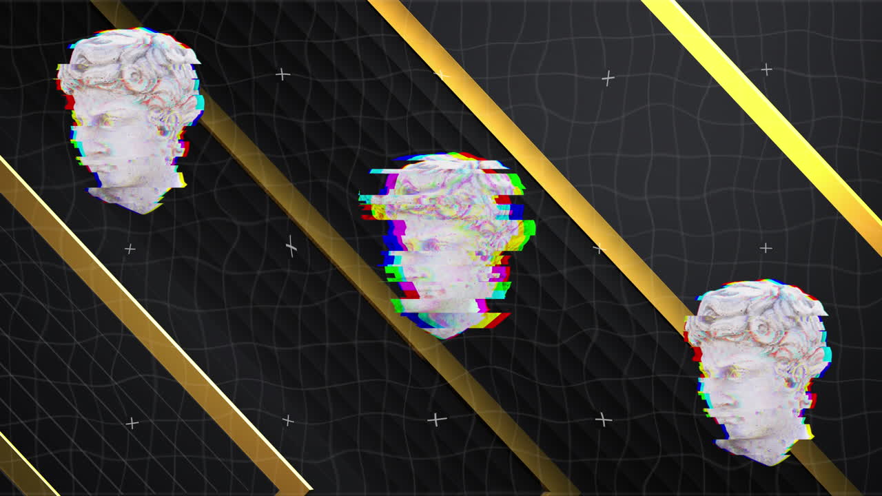 검은색의 금색 줄무와 격자 위에 왜곡 된 남성 고전 조각 부스트의 애니메이션