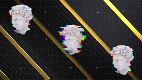 Animation of distorting male classical sculpture busts over gold stripes and grid on black