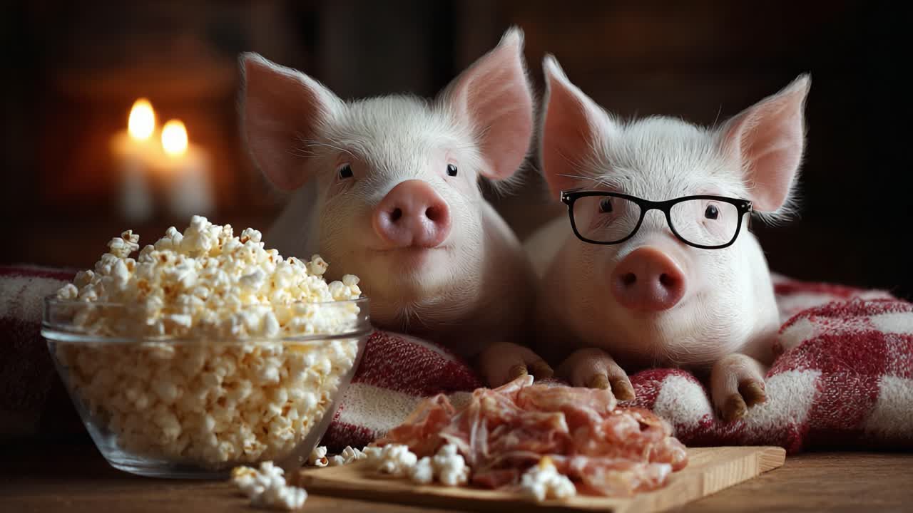 Two Adorable Pigs Enjoying a Cozy Snack Time with Popcorn and Meat on a Warm Blanket Surrounded by Soft Candlelight Atmosphere