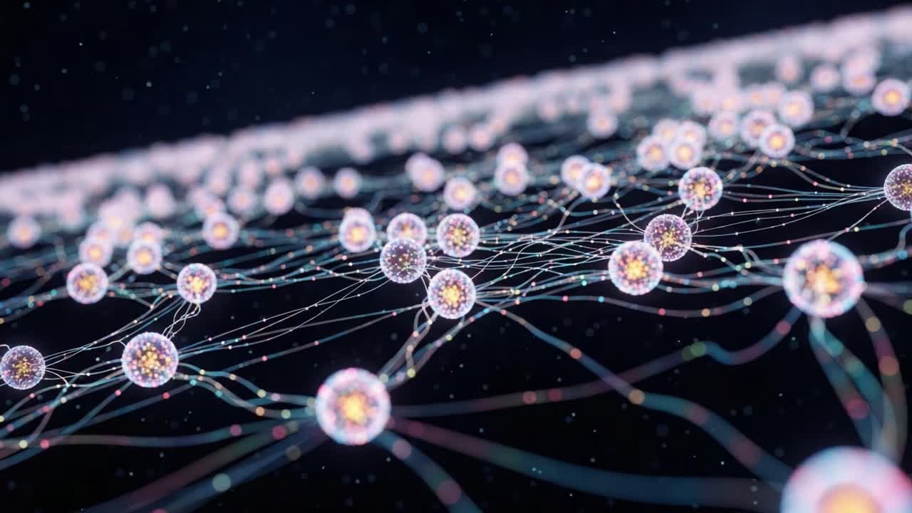 A Stunning Visualization of Energy and Connectivity, Featuring Luminous Particles Connected by Intricate Webs, Emphasizing the Beauty of Quantum Relationships in a Dark Background