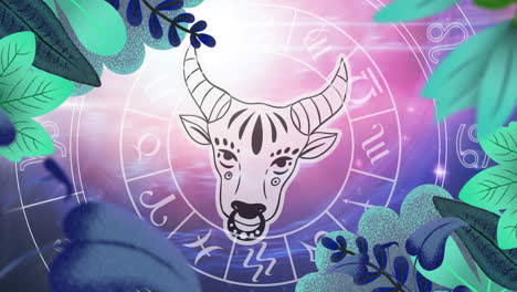 animation of taurus star sign and horoscope zodiac sign wheel on purple background