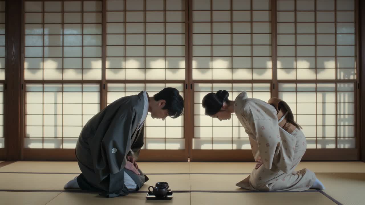 Klanící se muž a žena v kimonech provádějí rituální úklony v tatami místnosti, vítající s čajovým podnosem.